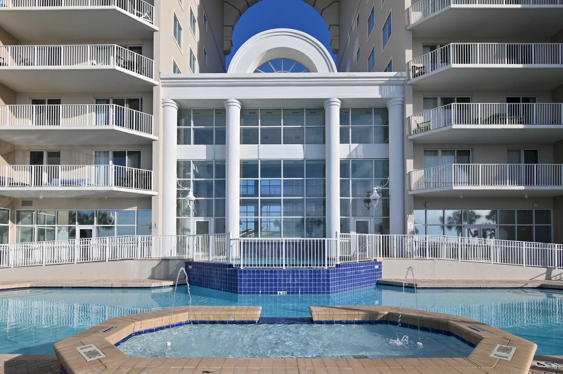 Majestic Sun indoor heated pool and outdoor pool area in Miramar Beach, Florida